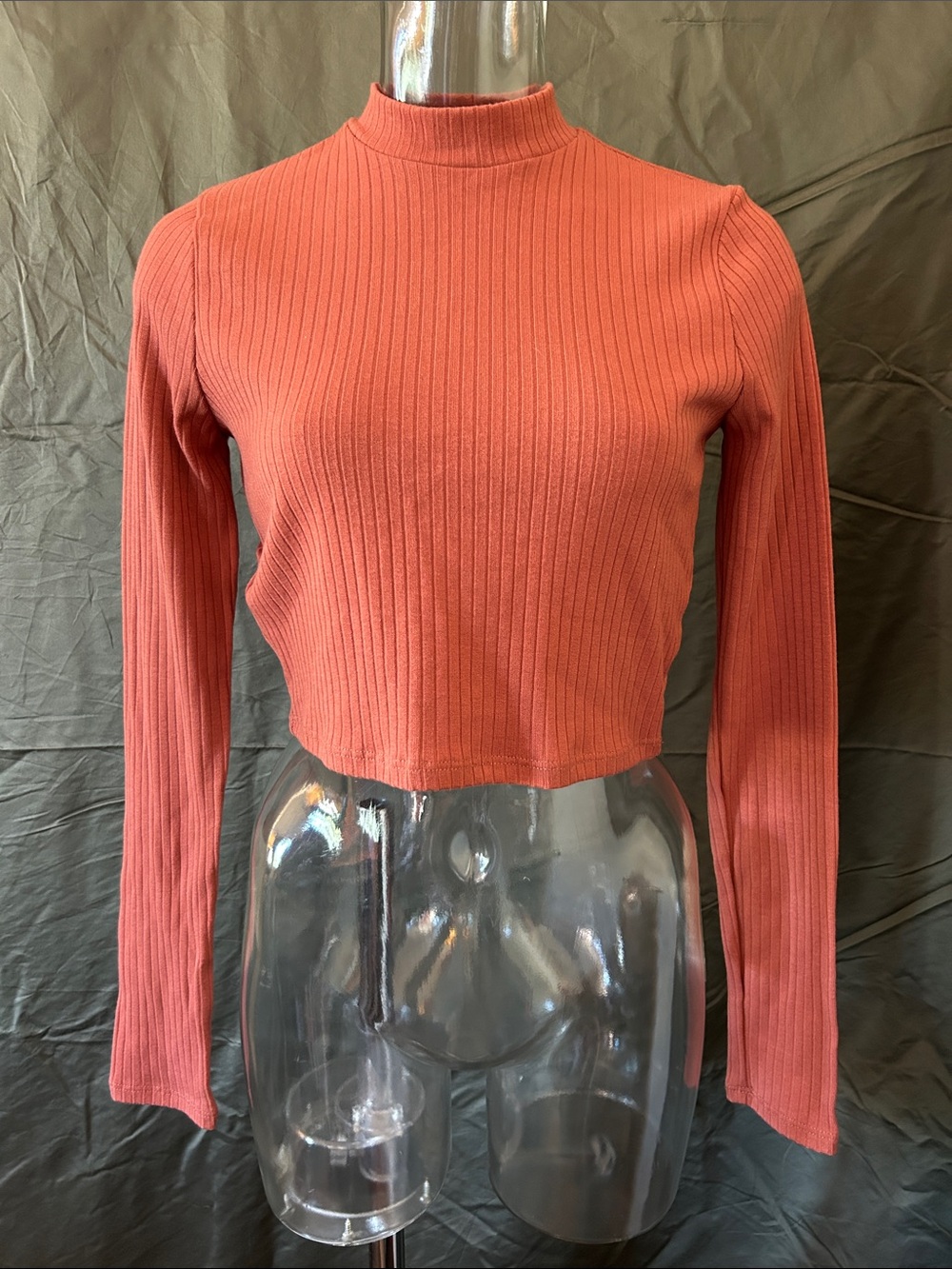 Forever 21 Rust Ribbed Mock Neck Long-Sleeve Crop Top